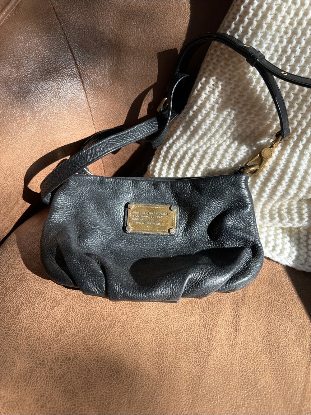 Marc by Marc Jacobs Black Pebbled Leather Crossbody with Gold Plaque
